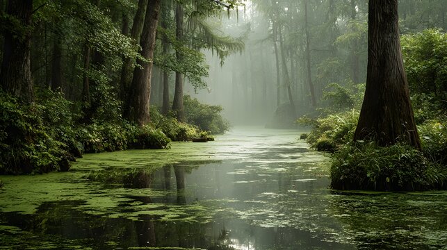 Mysterious swamp forest with large cypress trees rising from green algae-covered water, shrouded in atmospheric mist and moody lighting.