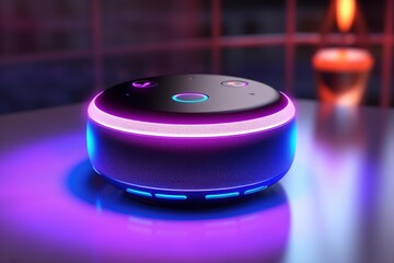 Voice assistant technology device displaying vibrant blue and purple neon light