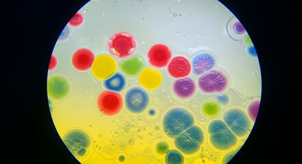 Vibrant multicolored microscopic biological cells aggregate in a circular field of view under laboratory illumination