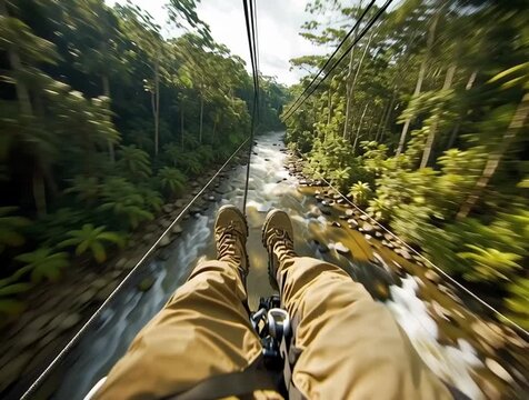 Explorer dangling feet while crossing tropical rainforest canopy on zipline