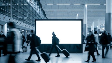 A busy airport terminal with a large blank billboard surrounded by travelers with luggage, captured in a monochrome blue tone from a central viewpoint.