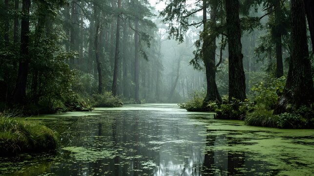 Mysterious swamp forest with large cypress trees rising from green algae-covered water, shrouded in atmospheric mist and moody lighting.