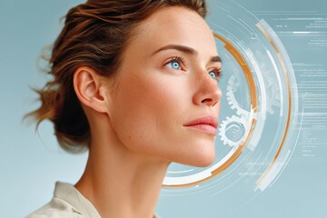 Portrait of a thoughtful woman with a futuristic digital interface and holographic gears