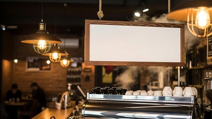 A blank menu board hangs above a coffee machine in a bustling cafe with warm lighting and cozy atmosphere