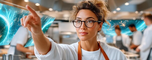 Female worker wearing an AR headset points at holographic screens in a busy kitchen