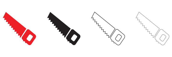 hand saw or handsaw carpentry tool icon, hand saw wood cutter icon vector, silhouette and line art