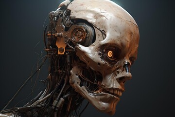 Cyborg skull featuring mechanical components and an illuminated digital eye
