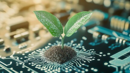 Digital evolution shows a seedling sprouting from a circuit board, illustrating the blend of nature and technology in a modern setting