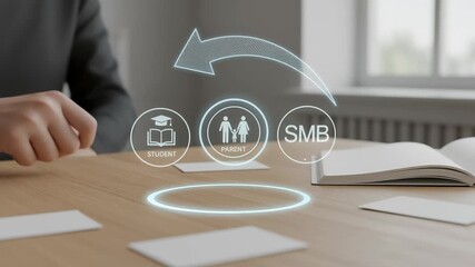 Parent market fit concept with hand pointing digital interface featuring icons for student, parent, and small business market fit office environment - Powered by Adobe