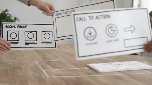 Marketing strategy combining social proof and call to action for business growth with website layout plan and market fit concept on wooden table - Powered by Adobe