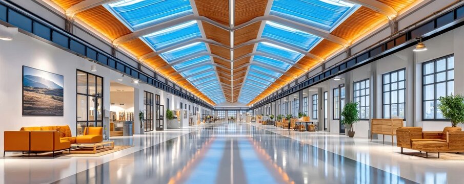 Modern high-tech factory hall with skylight roof, bright lounge areas, and robotics in a sleek production environment