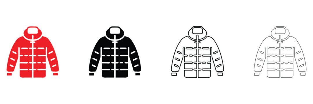 puffy jacket outerwear icon vector set, winter clothing jacket vector, silhouette and line art