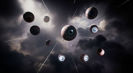 Surreal and mysterious visual of numerous detached eyeballs floating within a dramatic, stormy sky, evoking themes of vigilance, observation, and an ethereal presence