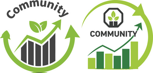 Conceptual vector art illustrating community development, sustainable growth, and ecological well-being through rising bar graphs, interconnected arrows, and vibrant natural leaf designs