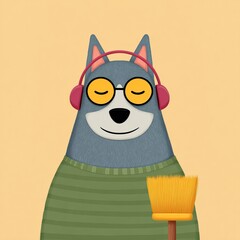 Fototapeta premium Cartoon dog with glasses and headphones holding a brush against a plain background