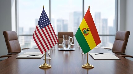 Meeting between representatives from the United States and Bolivia with flags displayed on the conference table in a modern office setting Generative AI