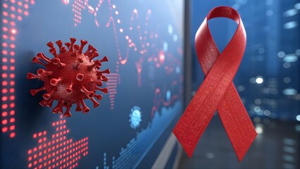 Red Ribbon Awareness Symbol and Coronavirus 3D Model on Digital Blue World Map Background, HIV AIDS Prevention