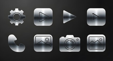 Collection of sleek metallic mobile application user interface icons depicting essential digital functions like media playback and settings