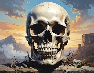 A cracked skull sits atop cracked ground, set against a vista of mountains under a clouded sky at sunset