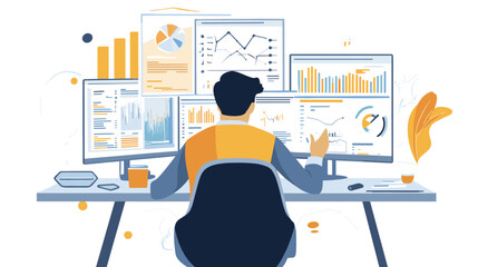 Man Analyzing Data on Multiple Computer Screens.