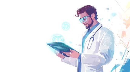 Male Doctor Wearing Lab Coat Using Tablet.