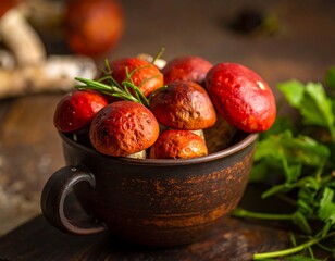 Orange-capped mushrooms fill a rustic brown cup, rosemary sprig on top, parsley on wood table