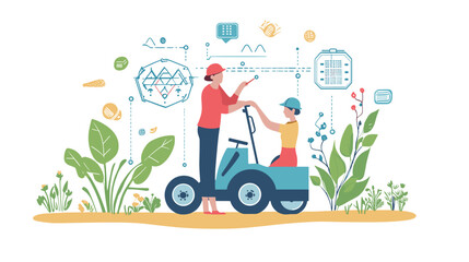 Man and Woman Operating Lawn Mower Together.