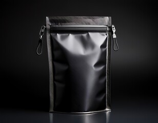 a product packaging bag black with a zip lock closure isolated on a black background