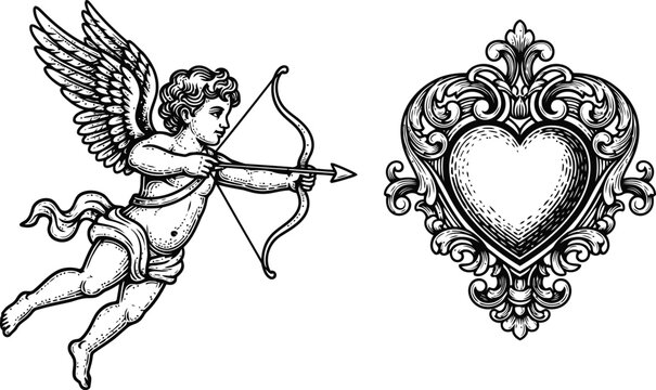 Cupid Archer Aims Bow at Ornate Heart Frame, Vintage Etching Style, Valentine's Day Concept
