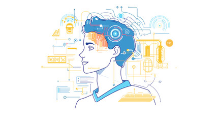 Man with Brain Illustration Showing Technology.