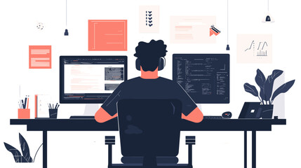 Man Working on Computer at Desk.