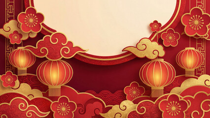 Traditional Chinese New Year backdrop with lanterns, flowers, and auspicious clouds