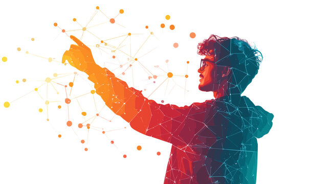 Man with Arm Outstretched and Colorful Dots.