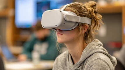 A focused student wearing a VR headset engages deeply with a virtual chemistry lab simulation while the blurred background suggests a collaborative classroom setting.