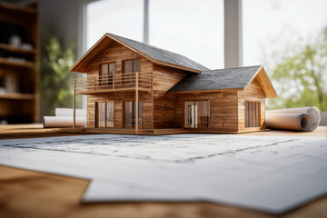 Detailed wooden model of a two-story house on architectural blueprints resting on a work desk with plans and natural background light in a design studio