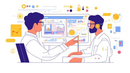 Two men collaborating on computer project together.