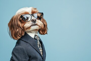 Cool dog wearing stylish clothing poses confidently with glasses and tie, ready for a fashionable event with space for text on the right side