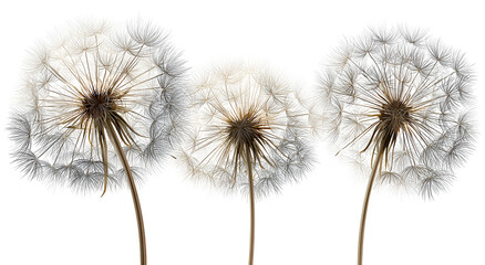 Obraz premium Three dandelion seed heads close-up against a stark, black background