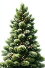 Fototapeta premium Tall green Christmas tree with full branches and small ornaments isolated on white background for holiday decor