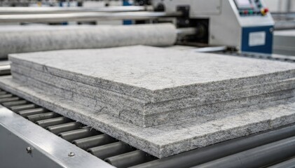 Obraz premium Medium shot showing synthetic felt padding sheets in a manufacturing setting focused on uniform thickness and smooth surface ideal for durable insulation solutions.