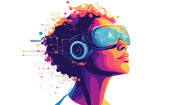 Woman Wearing Virtual Reality Headset and Headphones.