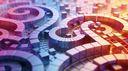 Abstract 3D Geometric Spiral Pattern with Metallic Cubes