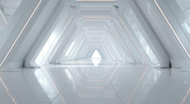 Futuristic, geometric corridor with bright white surfaces and illuminating lines
