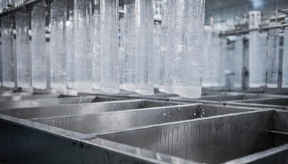 Close medium angle capturing the mechanical precision of evaporator columns creating crystalclear tube ice emphasizing the smooth cylindrical shapes descending into metal bins.