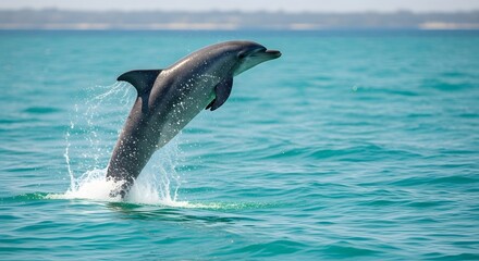 Fototapeta premium Majestic bottlenose dolphin leaps high above the sparkling turquoise ocean waves creating a dramatic water splash against a bright sky.
