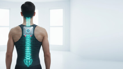Man back with digital spine overlay and technology device implant symbolizing longevity and advanced medical technology