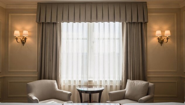 Medium shot of tailored valance topping hotel windows adding a refined decorative touch that complements classic hospitality interior design.