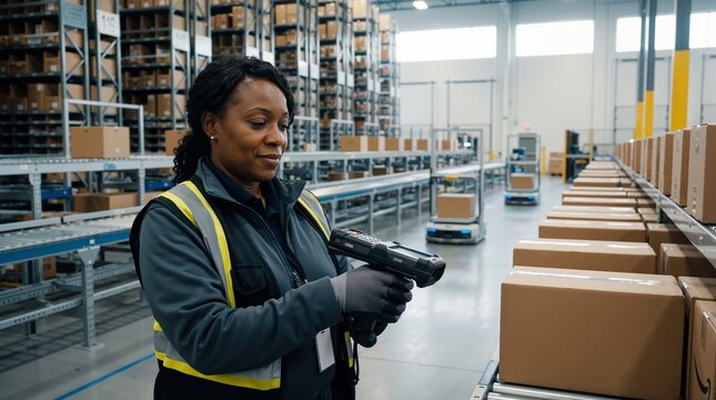 Black woman warehouse worker scanning package on conveyor belt with handheld scanner in modern distribution center. Logistics and supply chain management