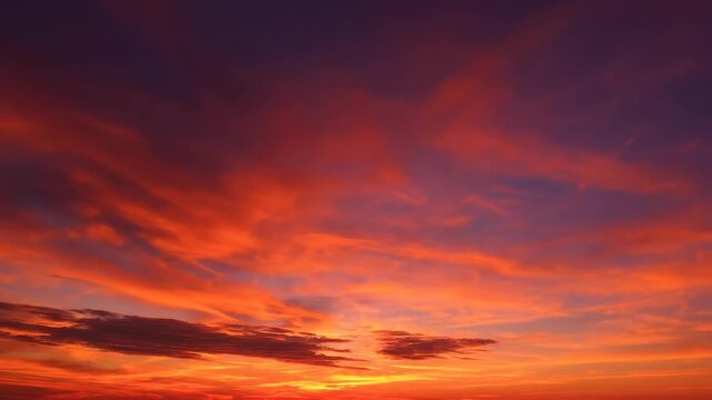 A beautiful dramatic red sunset sky with orange clouds and sunlight over a natural evening landscape at twilight