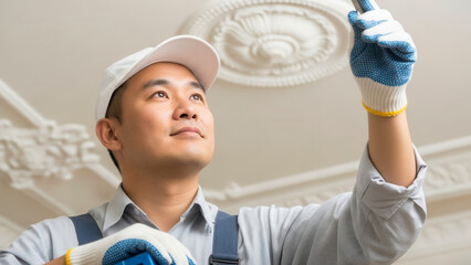 Asian man ceiling restoration specialist examining ornamentation in vintage apartment, architectural preservation and detail inspection